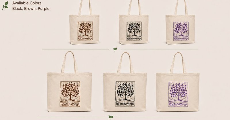 Block-printed canvas totes in black, brown, and purple