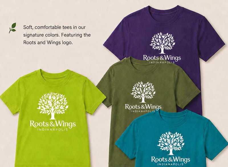 Roots & Wings t-shirt in purple, olive, lime, and teal